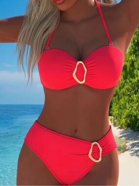 Amazon Red Bandeau Bikini with Gold Ring Accents